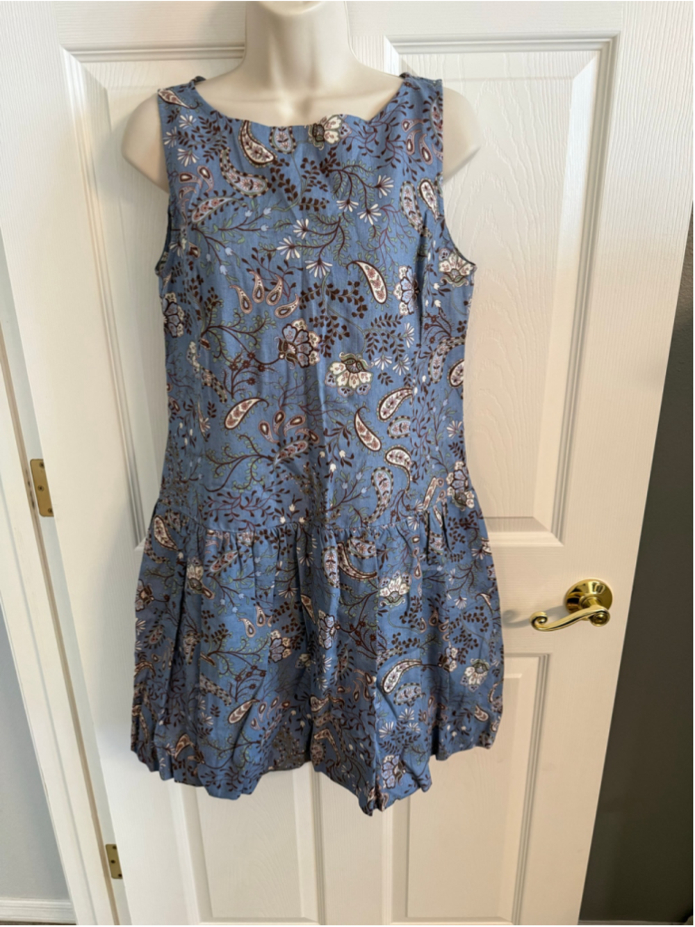NWT LOFT Paisley Linen Cotton Bubble Mini Dress Size 2 Vintage Blue